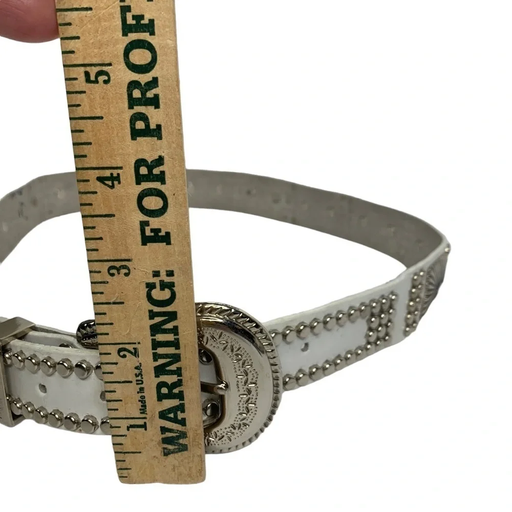 White Leather Western Highly Decorated 206 Silver Rivets 11 Square Accents Belt